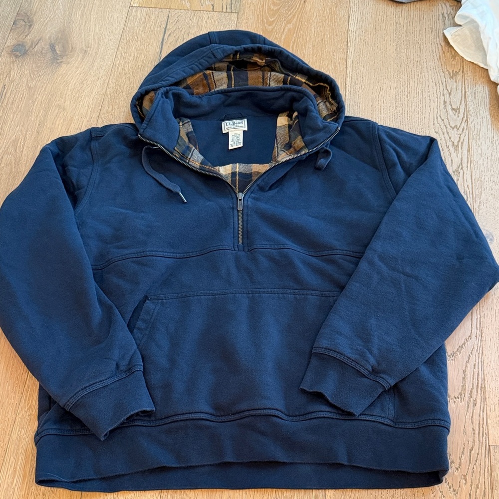 L.L. Bean Dark Blue Pullover with Plaid Lined Hood